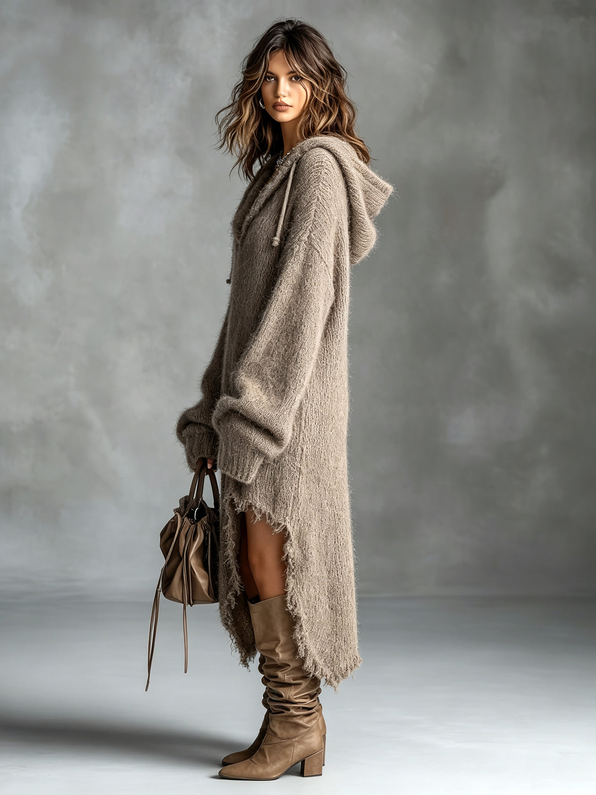 Robe midi à capuche en tricot flou Danoir Paris, vêtement confortable et tendance pour femmes, vue de face sur fond neutre.