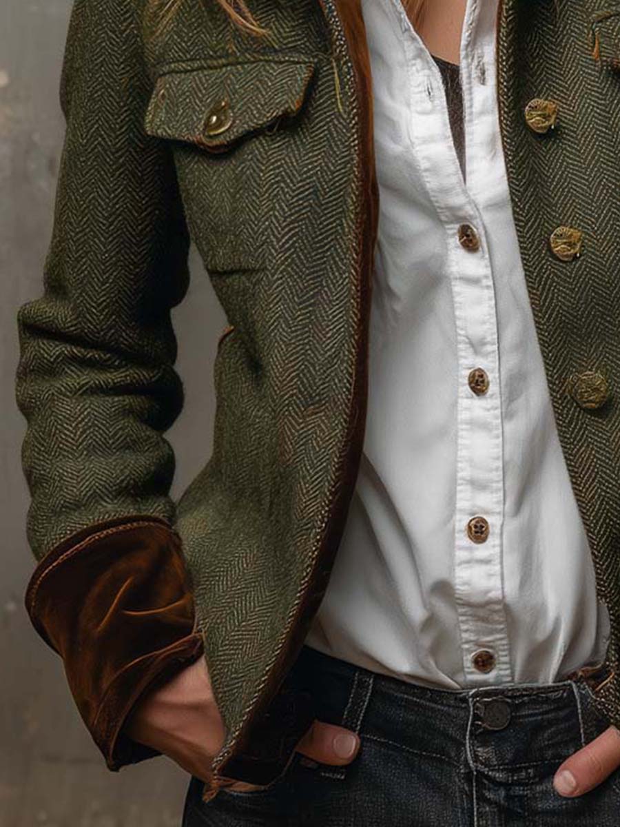 Blazer vintage Honorine Danoir Paris avec motifs à chevrons et liserés contrastants, porté sur mannequin.