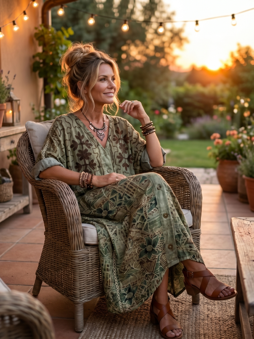 Aleta | Robe midi oversize avec poches brodées et fermeture à boutons