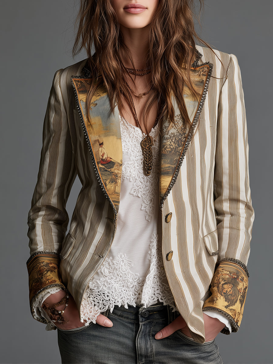 Blazer long à manches longues Danoir Paris, rayé et à col imprimé dans un style bohème Suzanne.
