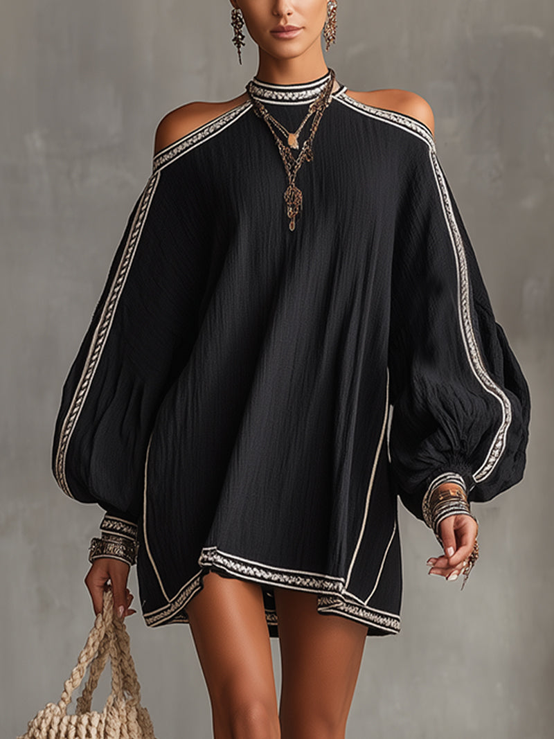 Robe Mini en Lin Noir Boho à Épaules Dégagées et Manches Lanternes - Expédition en 24 Heures