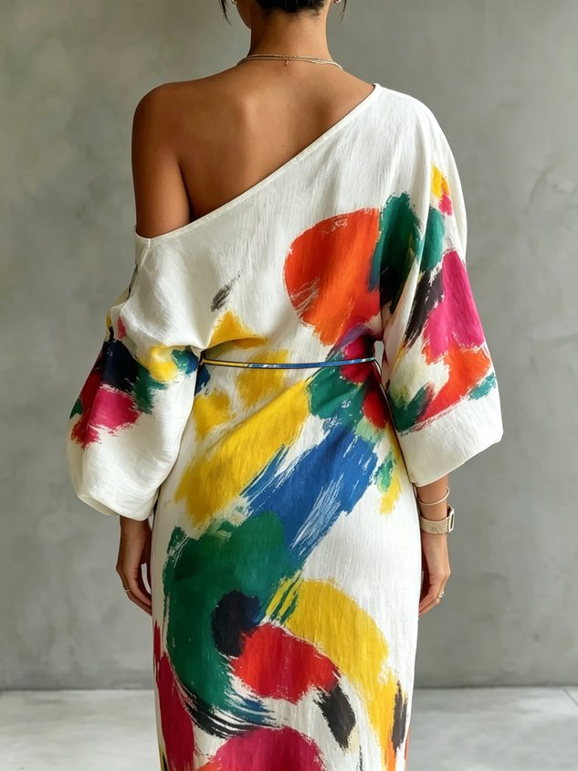 Robe longue THEA Danoir Paris, robe maxi en tissu fluide avec décolleté en V et manches longues, portée élégante.