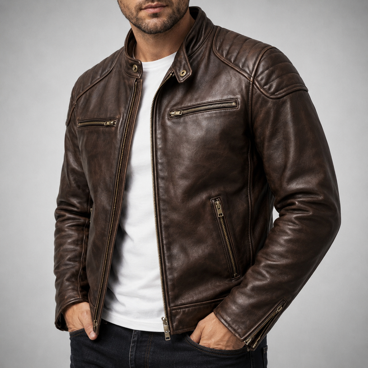 Veste en cuir pour homme Danoir Paris, style Colt Maddox, visible avec fermeture éclair et détails en cuir marron.