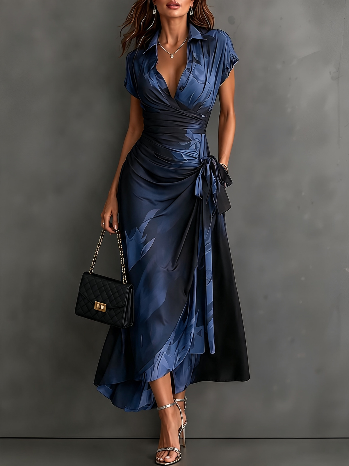 Robe midi croisée Danoir Paris Rosalie avec imprimé abstrait, col V, manches courtes, ceinture et ourlet asymétrique à volant.