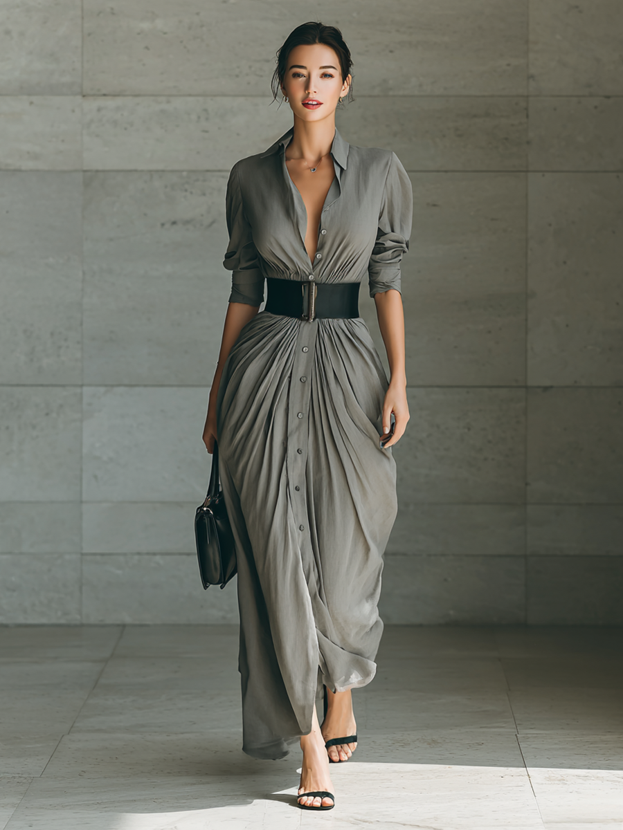 Robe longue plissée Zéphyrine de Danoir Paris, élégante vêtement pour femmes, en tissu fluide et sophistiqué, couleur neutre.