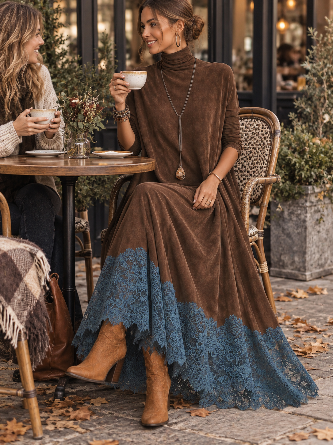 Robe Maxi Longue à Manches Longues en Suédine Marron Vintage