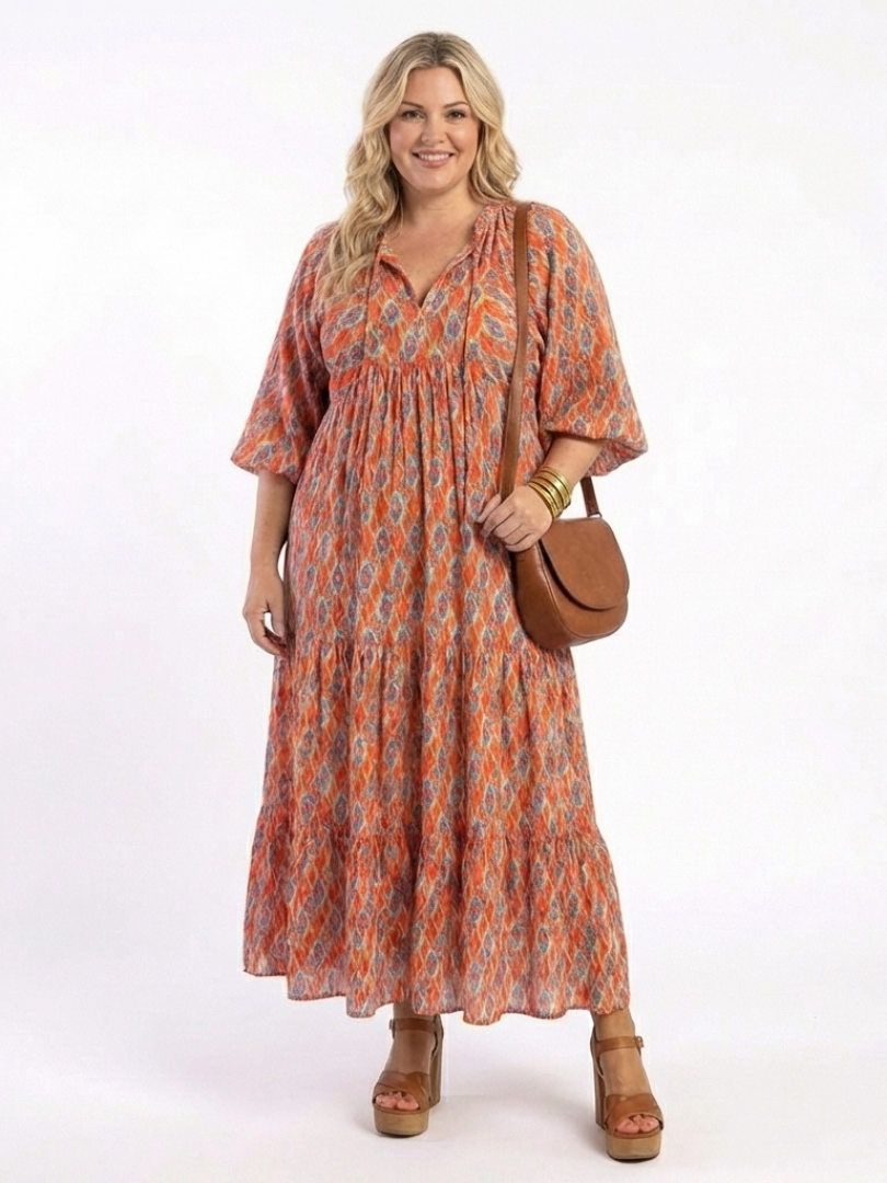 Amara | Robe Midi à Motif Géométrique avec Décolleté en V
