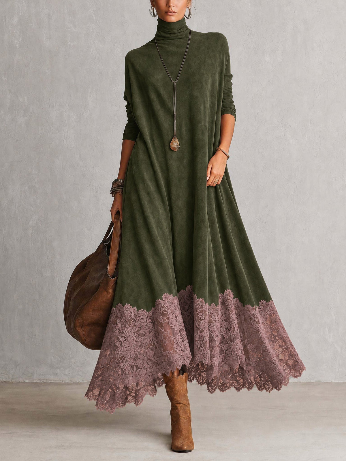 Robe Maxi Longue à Manches Longues en Suédine Marron Vintage