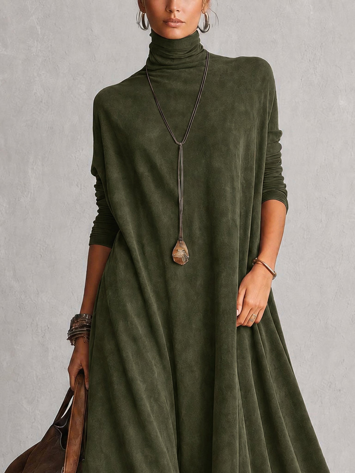 Robe Maxi Longue à Manches Longues en Suédine Marron Vintage