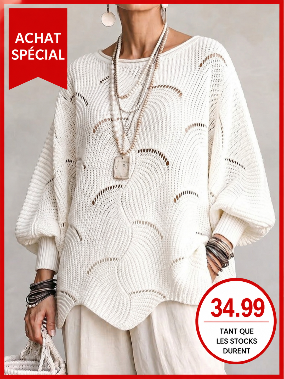 Haut en tricot Danoir Paris à manches lanternes amples avec motif en vagues creuses, vue de face, détail du tissu.