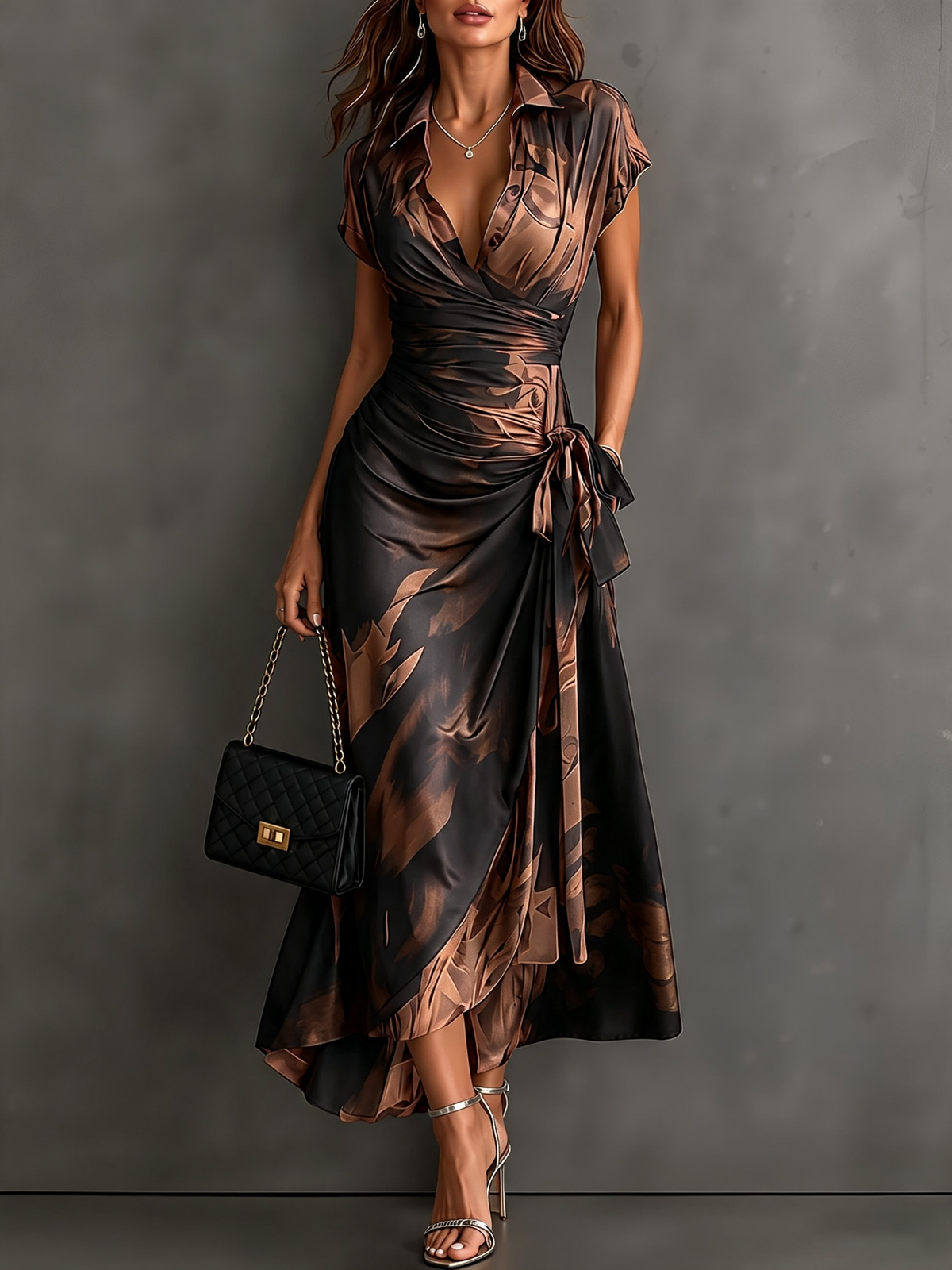 Robe midi croisée Danoir Paris Rosalie avec imprimé abstrait, col V, manches courtes, ceinture et ourlet asymétrique à volant.