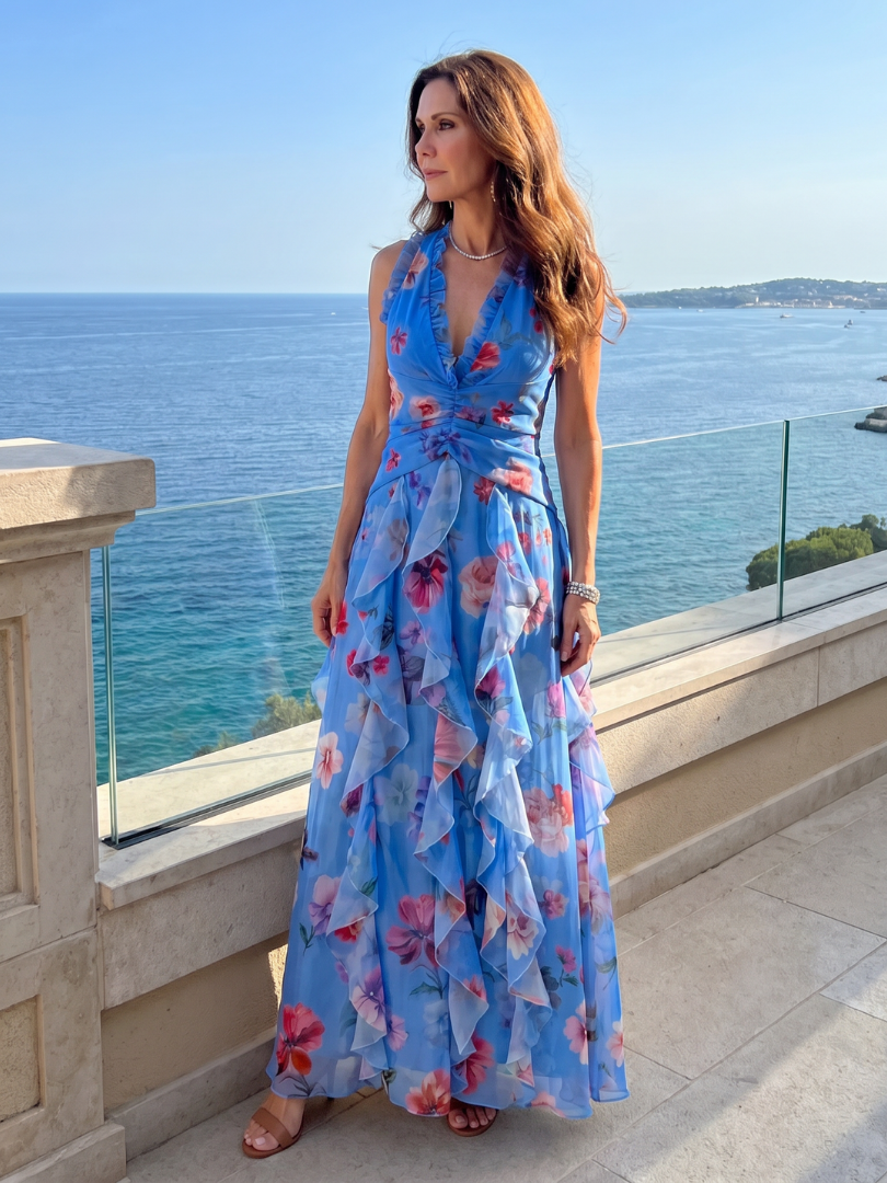 Nori | Robe longue fleurie à col halter et corsage drapé