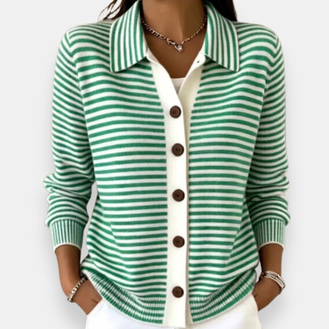Cardigan rayé Nola™ de Danoir Paris avec boutons, porté sur un mannequin, tissu doux et élégant, style classique et moderne.