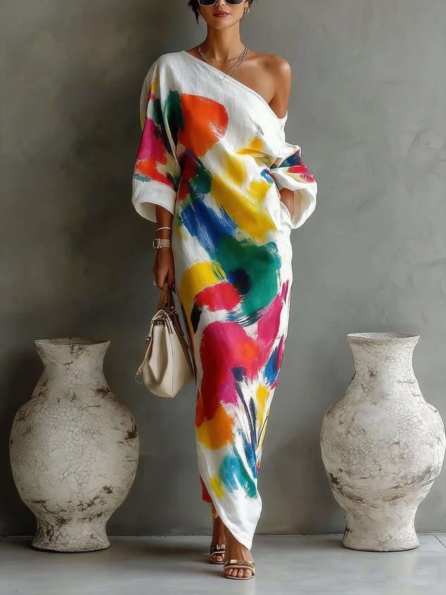 Robe longue THEA MAXI DRESS de Danoir Paris avec motifs floraux, tissu léger et coupe élégante, vue de face.