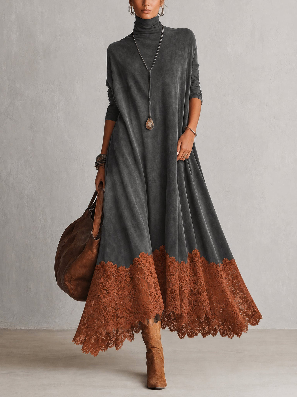 Robe Maxi Longue à Manches Longues en Suédine Marron Vintage