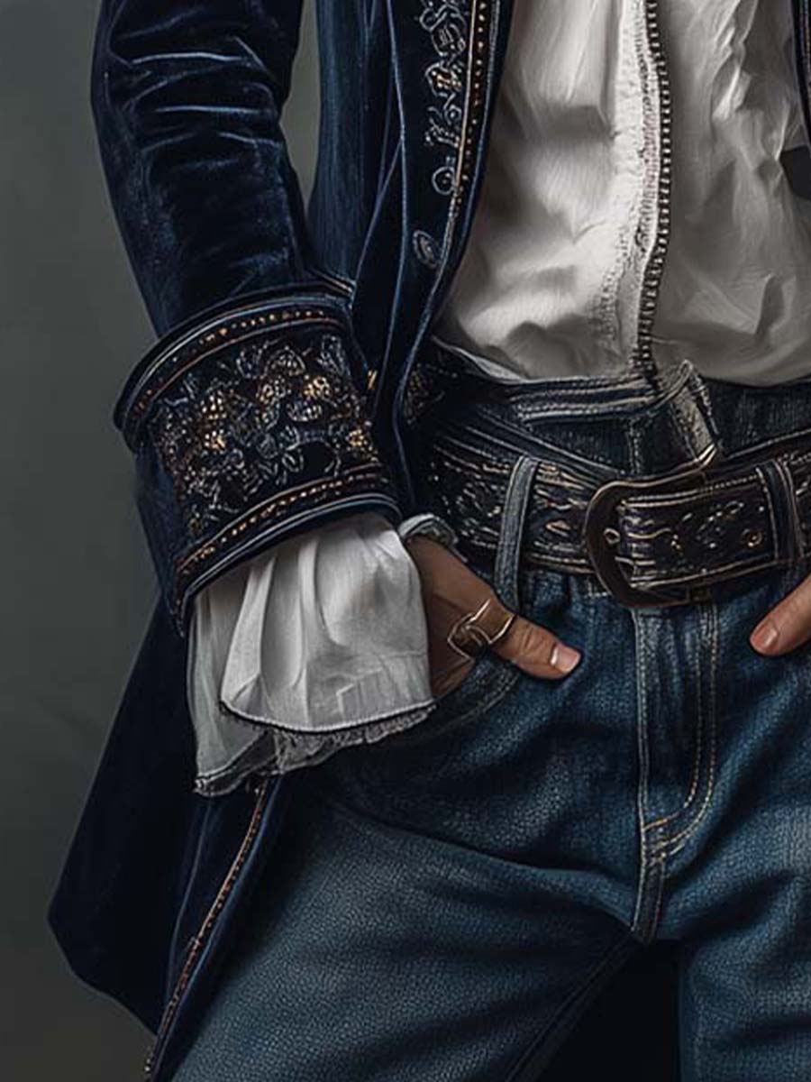 Blazer long brodé Athénaïs Danoir Paris en bleu marine, veste vintage élégante avec détails de broderie raffinés.