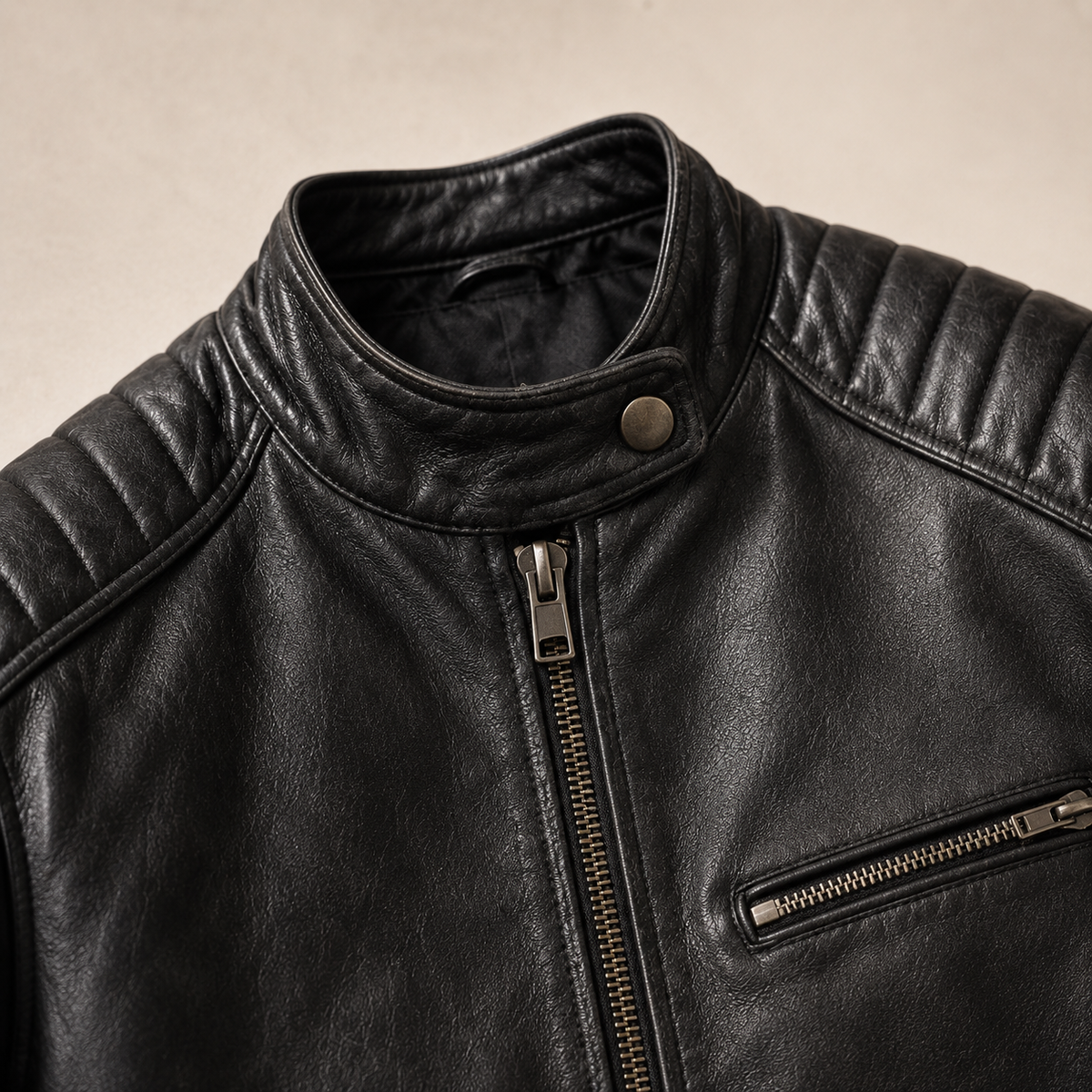 Veste en cuir Colt Maddox de Danoir Paris, coupe ajustée avec fermeture éclair et détails en cuir noir.