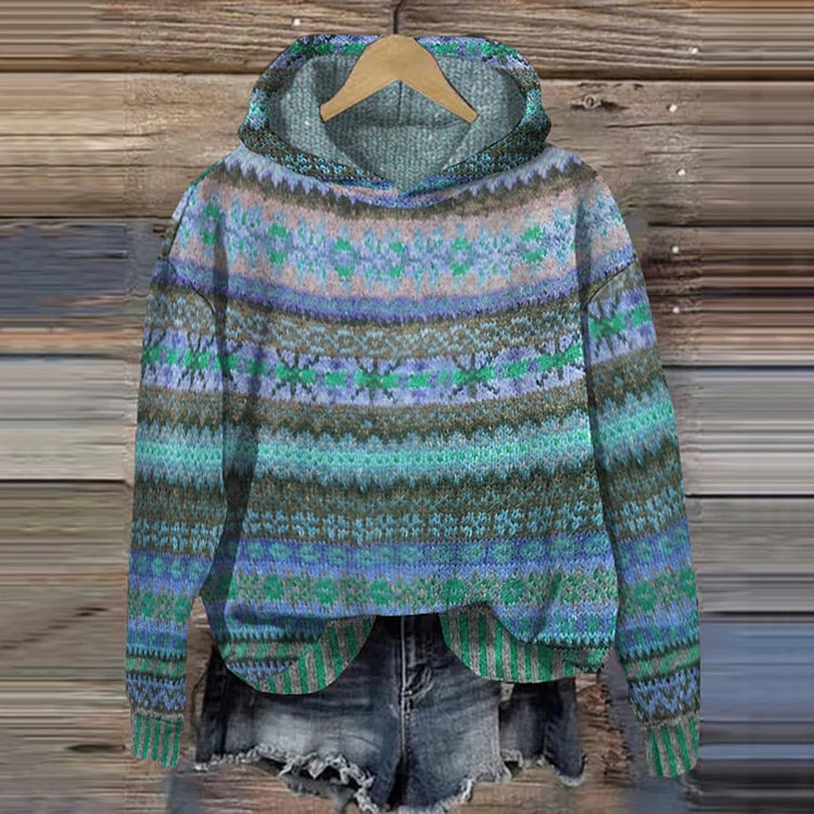 Sweat ethnique rétro Gaby de la collection #1752 de Danoir Paris, tissu confortable avec motifs colorés, porté sur mannequin.