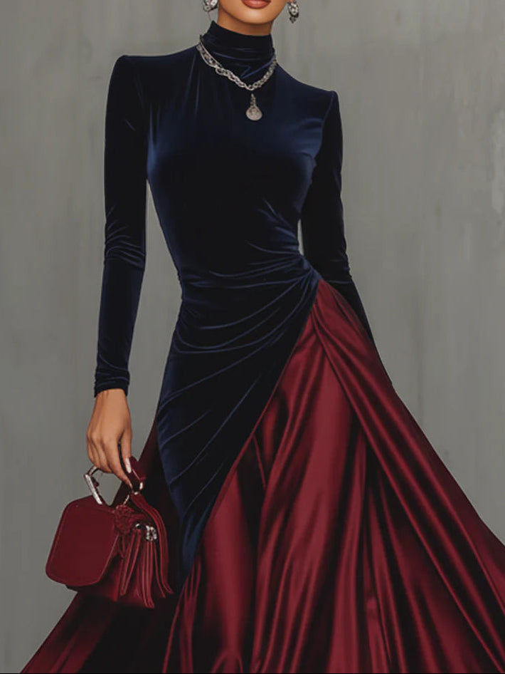 Robe longue bicolore en velours bleu et satin bourgogne, robe élégante de Danoir Paris pour femmes.