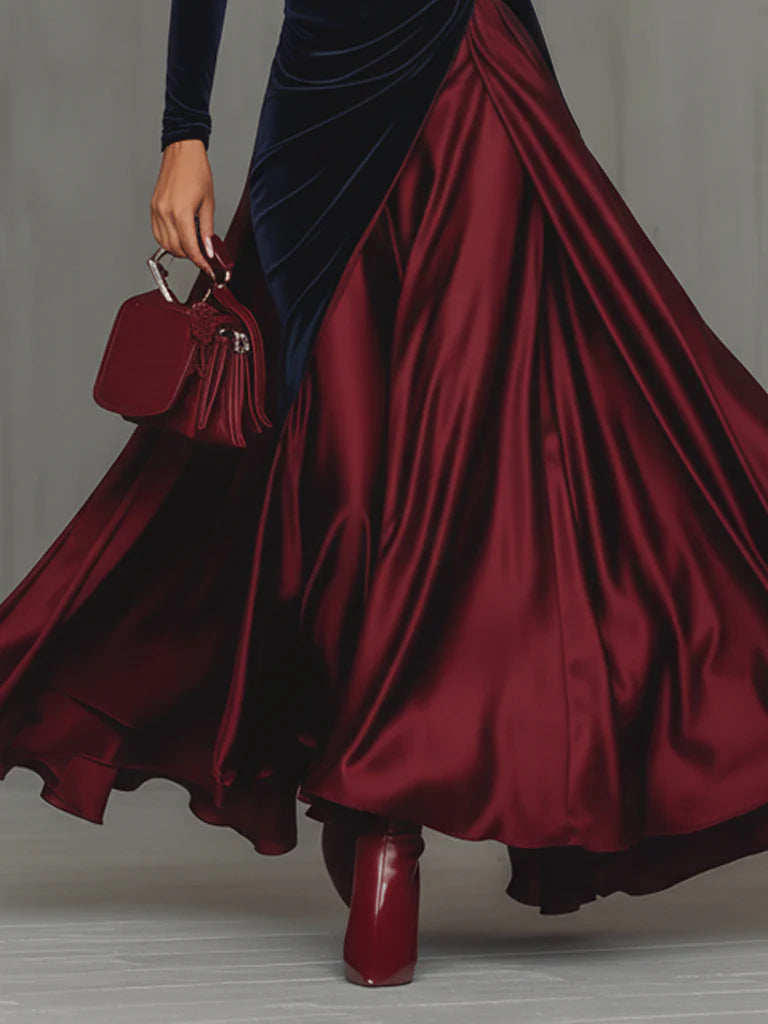 Robe longue bicolore Danoir Paris en velours bleu et satin bordeaux, style élégant avec coupe fluide.