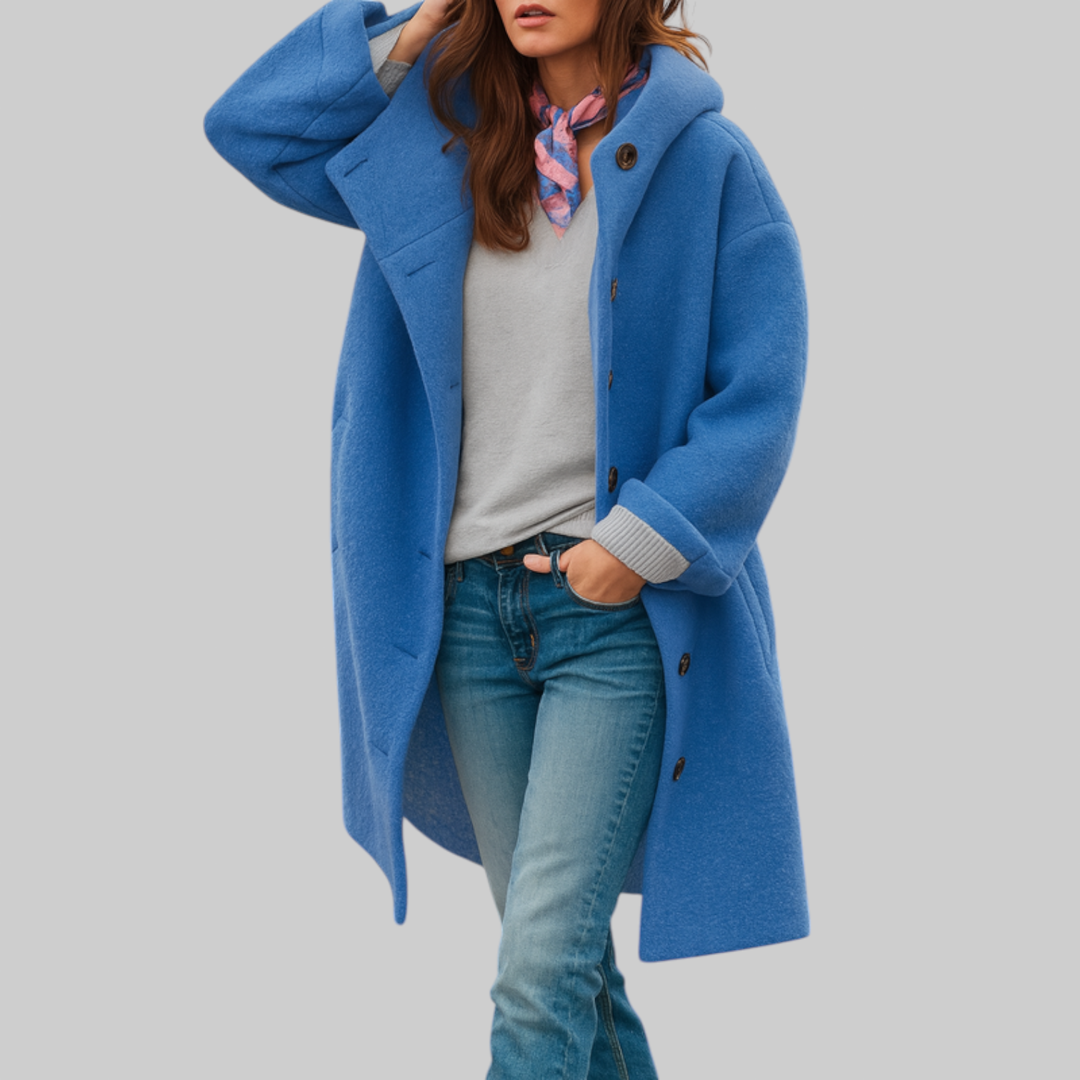 Manteau quotidien bleu Danoir Paris Freja, longueur moyenne, coupe confortable, tissu chaud et doux, porté en ville.