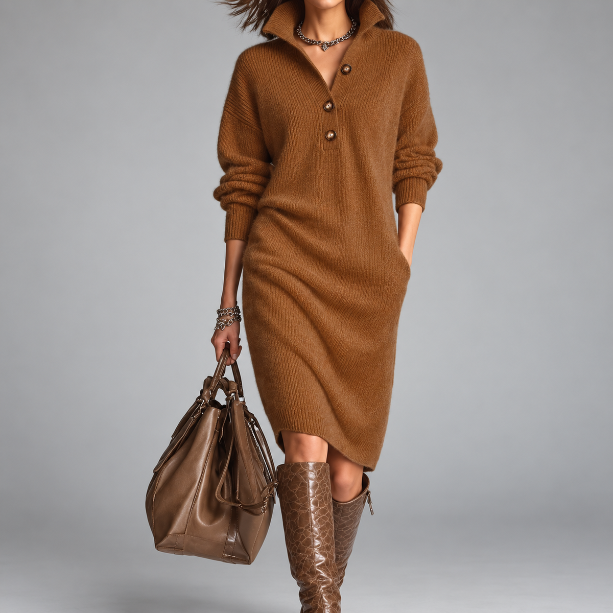 Robe sophistiquée Danoir Paris couleur caramel bruni, en tissu tricoté, portée en studio.
