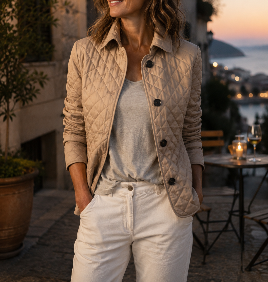 Veste matelassée légère Margot de Danoir Paris, en tissu doux, couleur neutre, avec col montant et fermeture éclair.