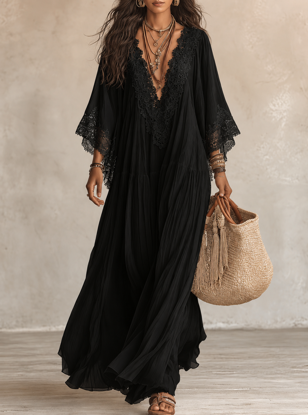 Celeste | Robe longue en chiffon ivoire et dentelle