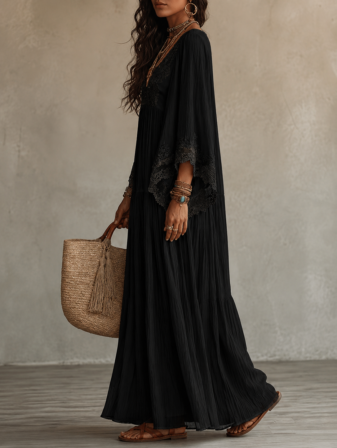 Celeste | Robe longue en chiffon ivoire et dentelle