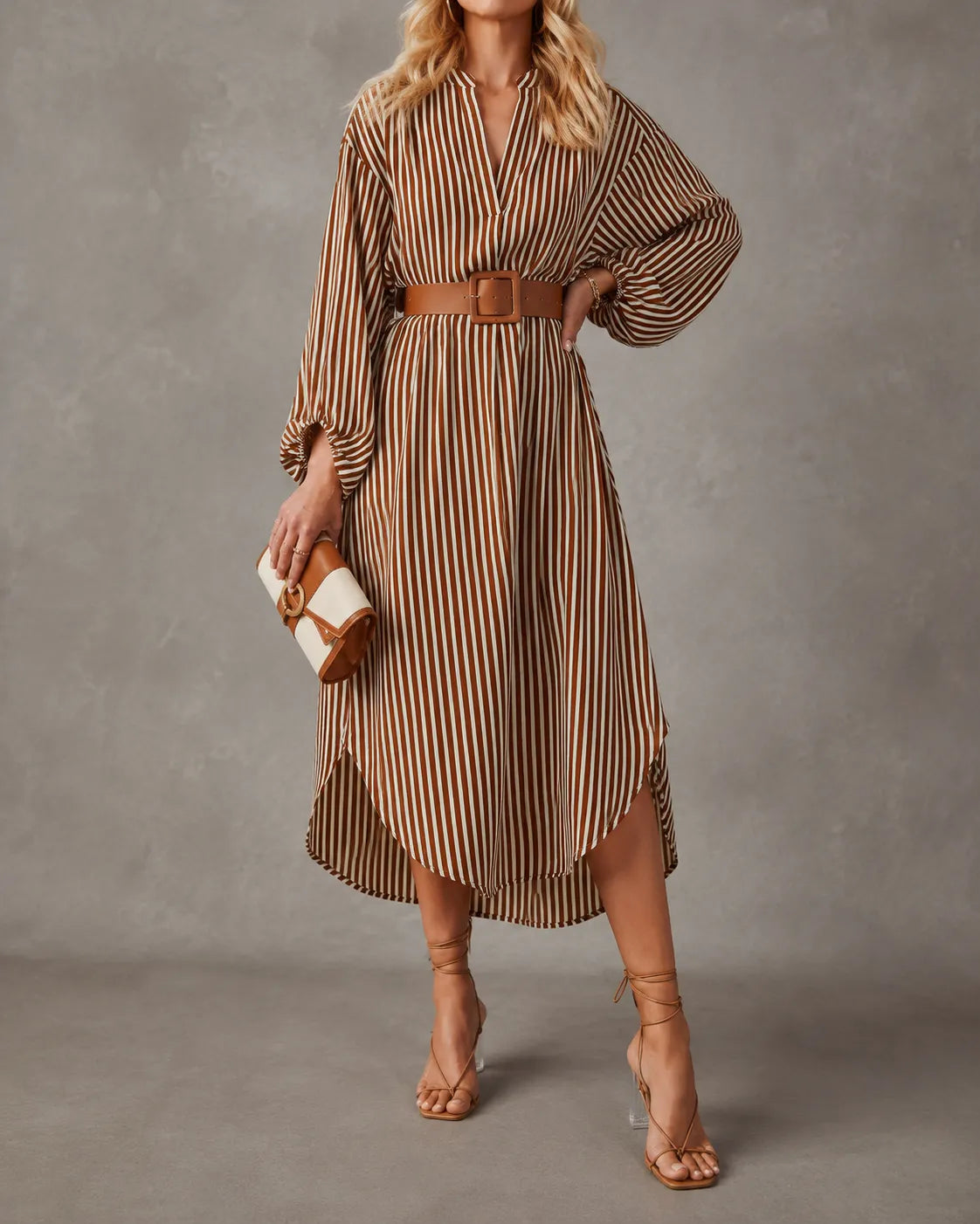 Sienna | Robe Chemise Midi Rayée Ceinturée