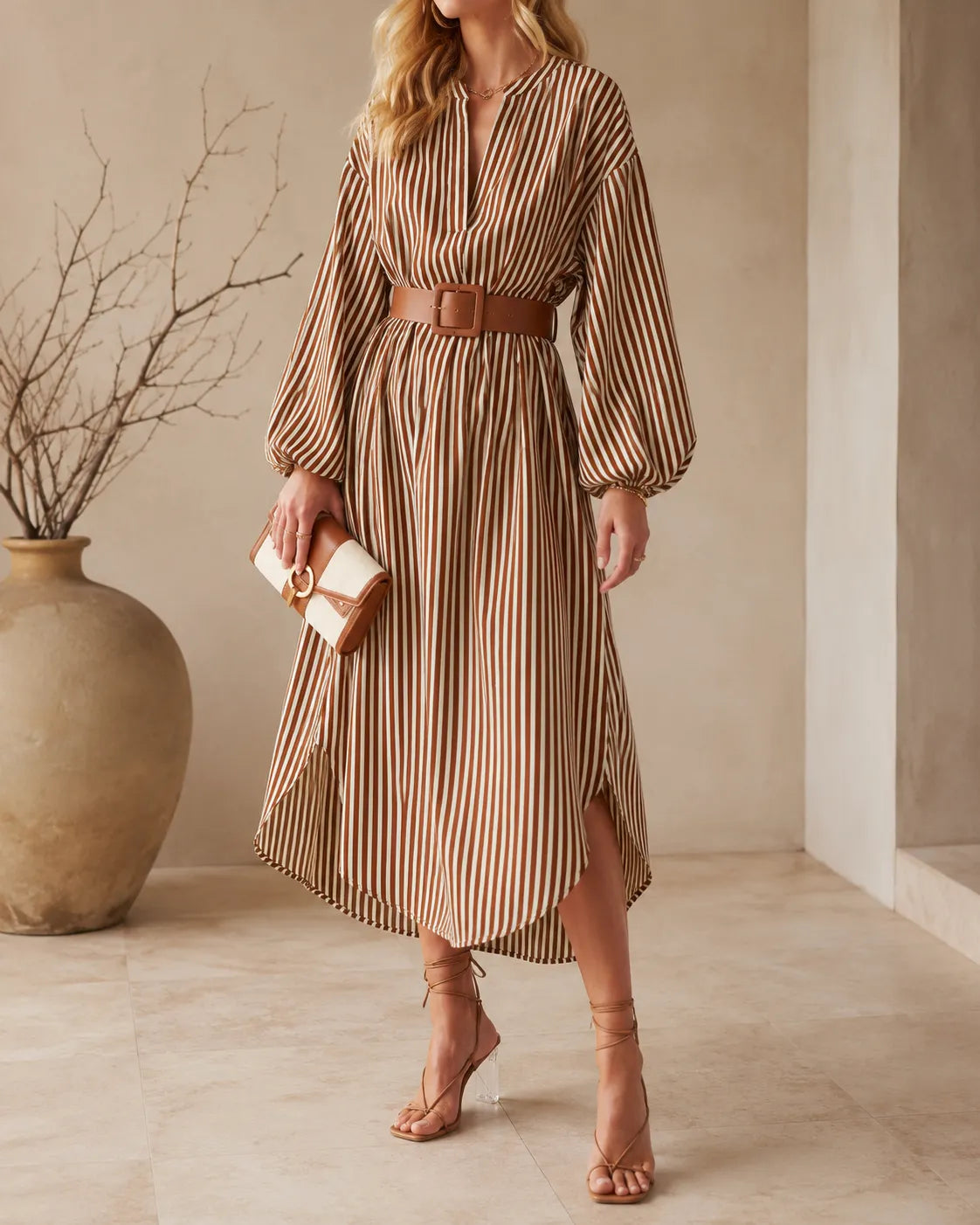 Sienna | Robe Chemise Midi Rayée Ceinturée