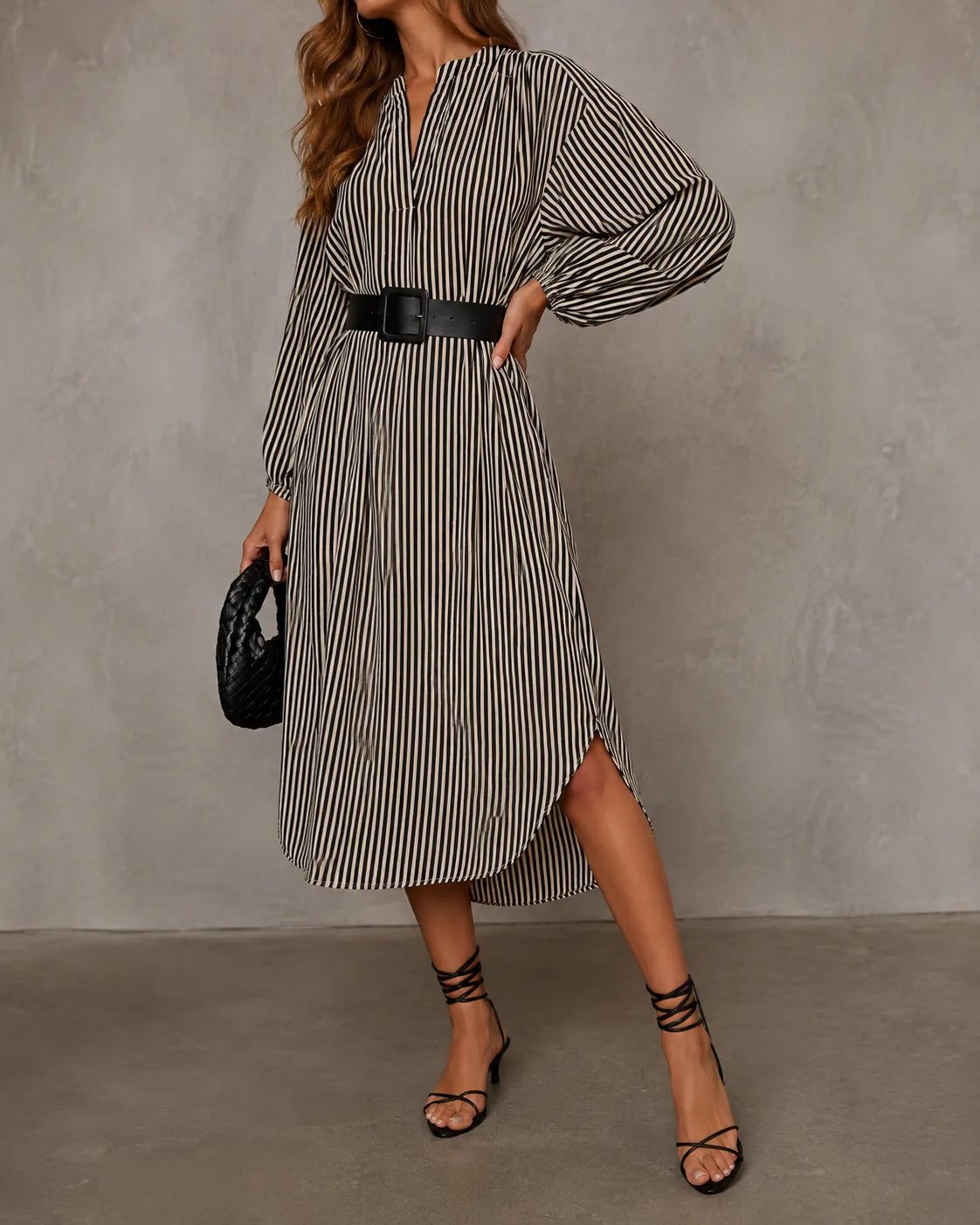 Sienna | Robe Chemise Midi Rayée Ceinturée