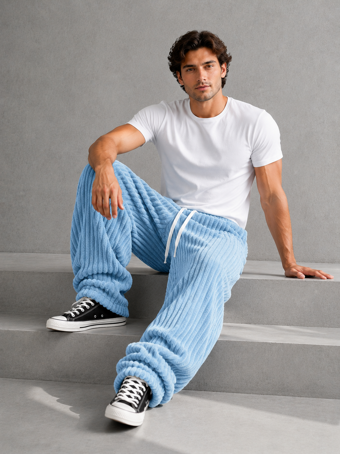 Pantalon Rowan de Danoir Paris en tissu bleu, vue frontale avec détails de coupe et coutures visibles.
