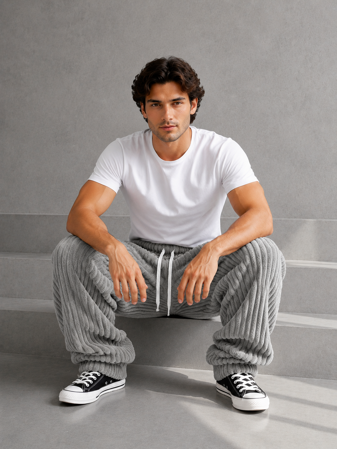 Pantalon Rowan de Danoir Paris, en tissu léger, coupe ajustée, couleur gris clair, porté avec une chemise blanche.
