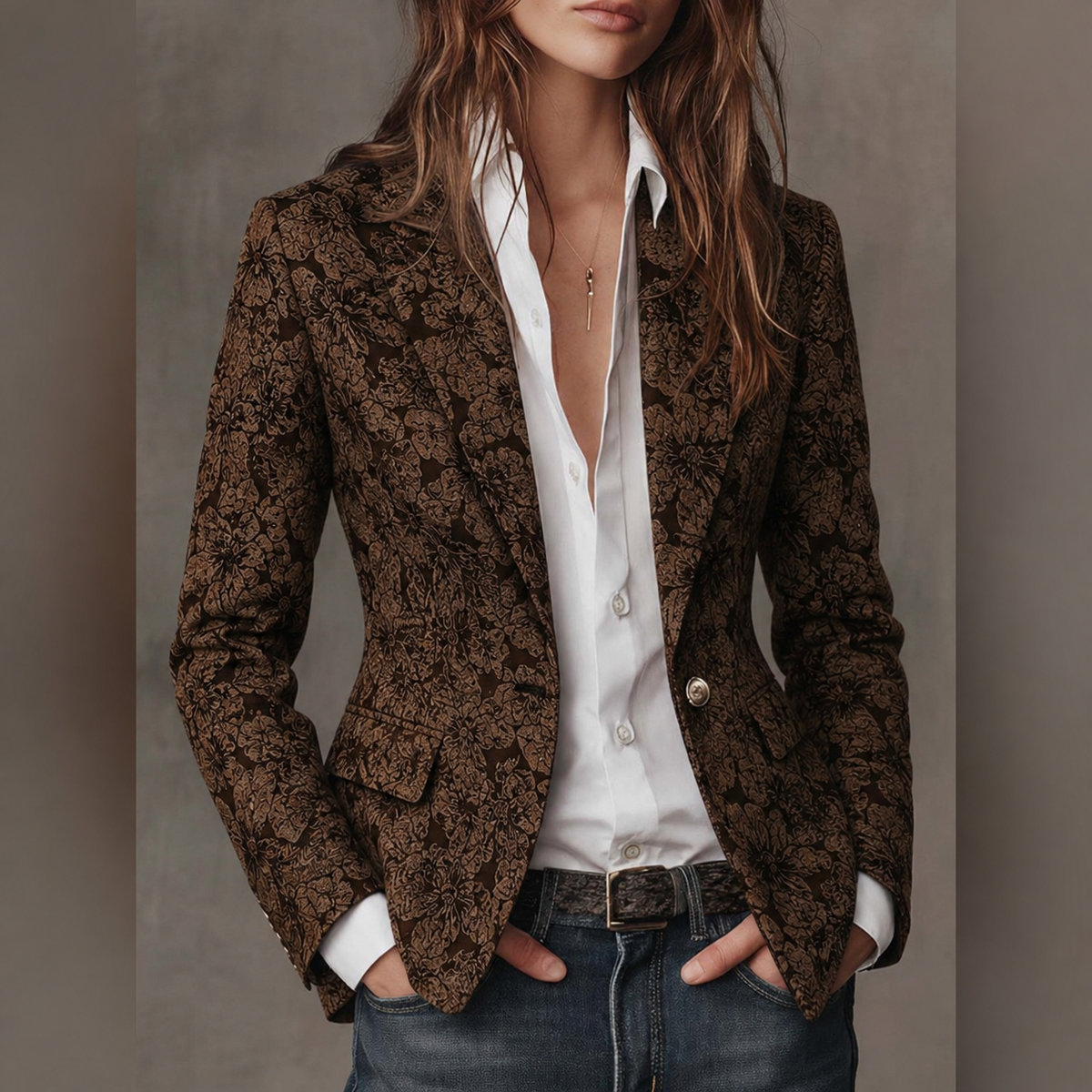 Blazer long sleeve Estelle en jacquard cachemire ajusté de Danoir Paris, détail élégant et tissu doux, porté sur un mannequin.