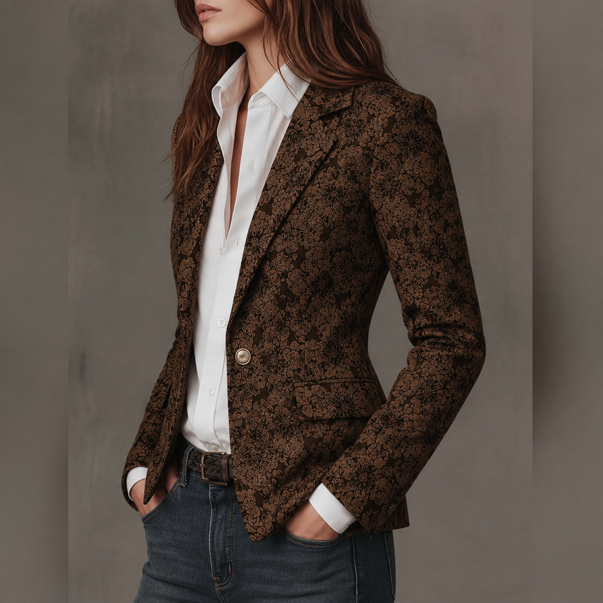 Blazer ajusté en jacquard cachemire Estelle de Danoir Paris avec manches longues, élégant et sophistiqué.