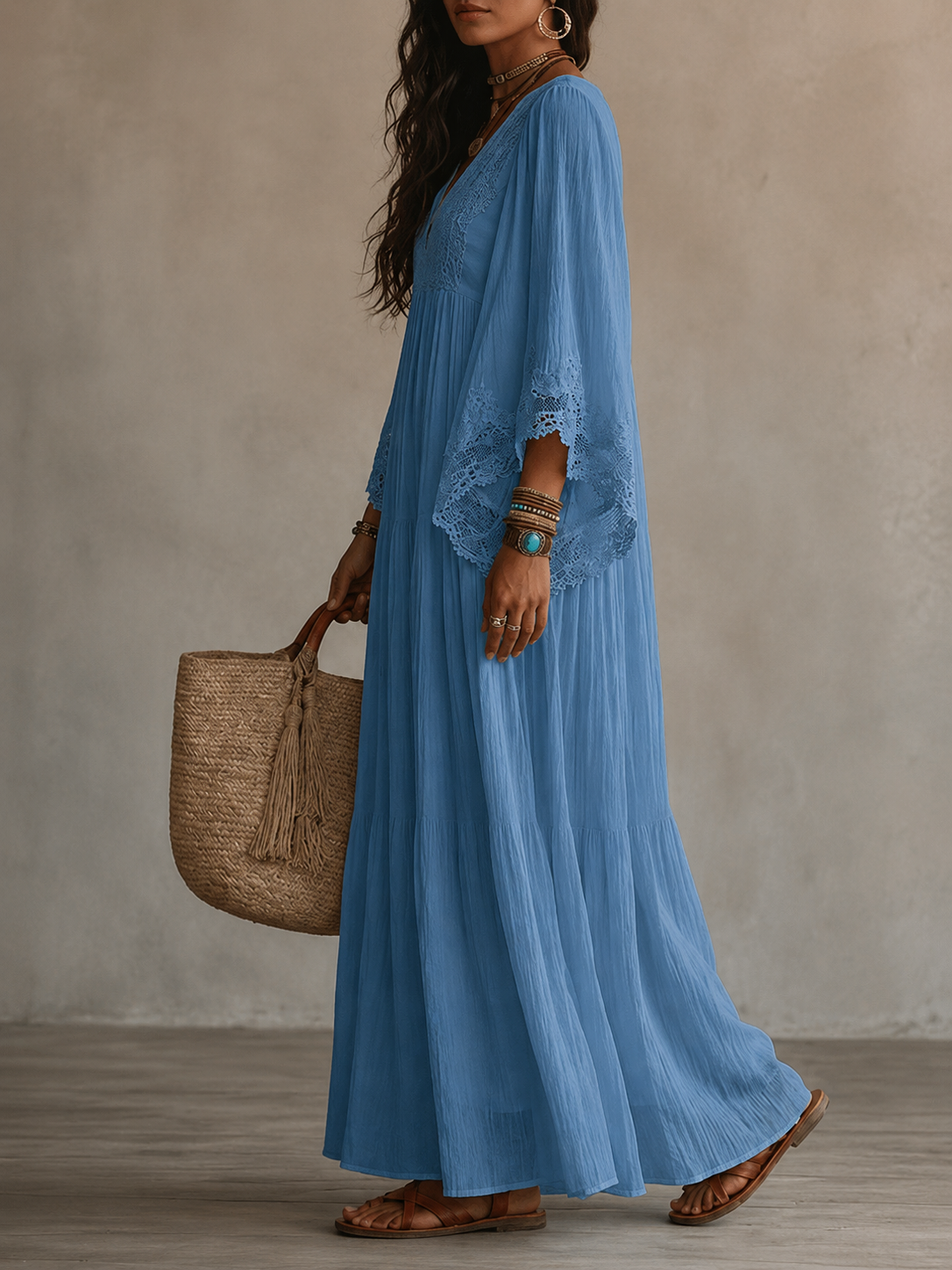 Celeste | Robe longue en chiffon ivoire et dentelle