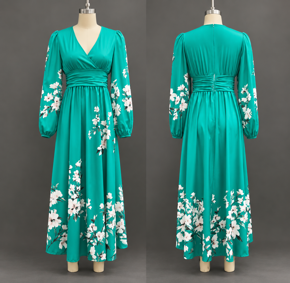 Robe longue élégante pour femme Danoir Paris avec décolleté en V profond et manches longues, en tissu fluide.