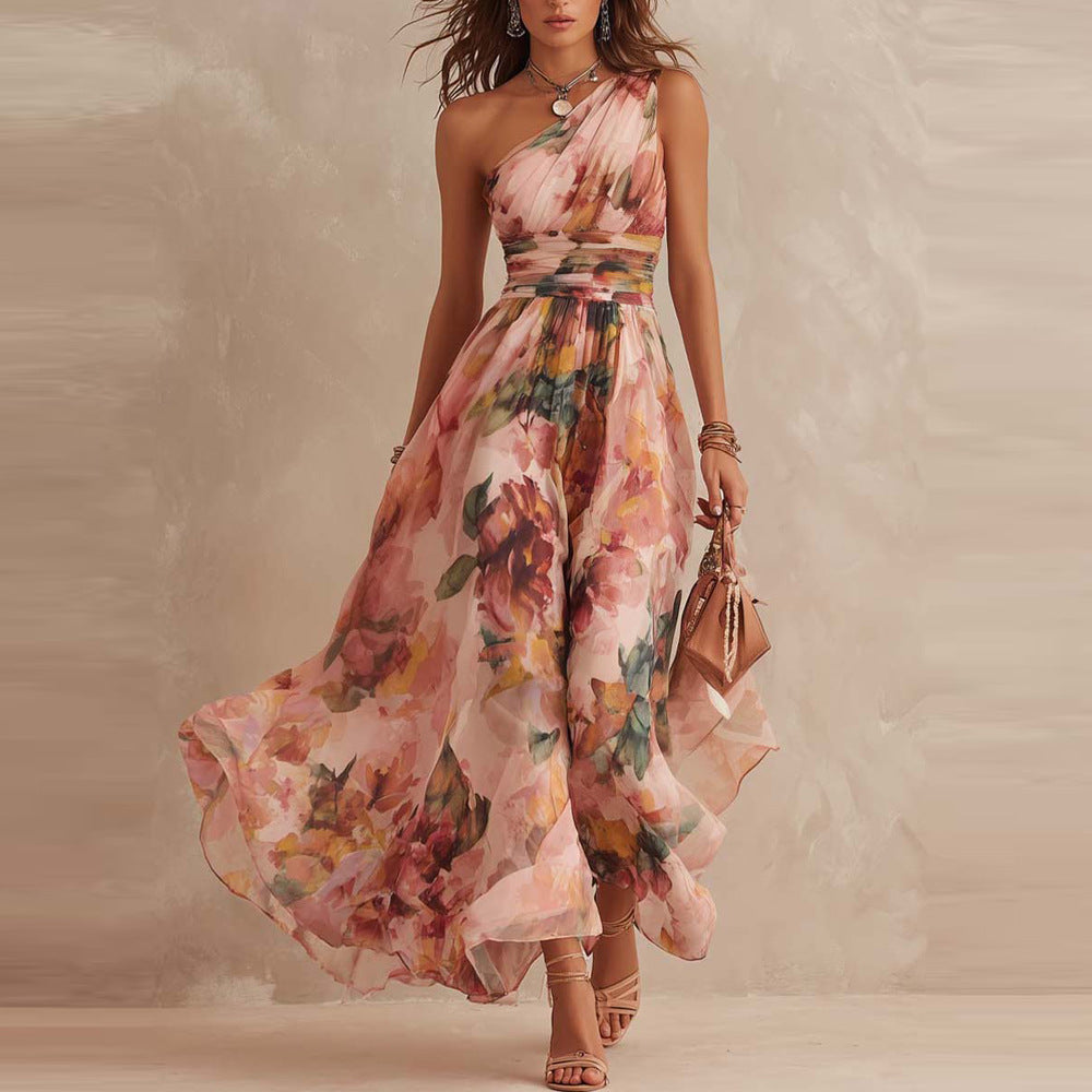 Robe longue femme Aurora de Danoir Paris, détail d'une robe monospalle à motif floral élégante et féminin.