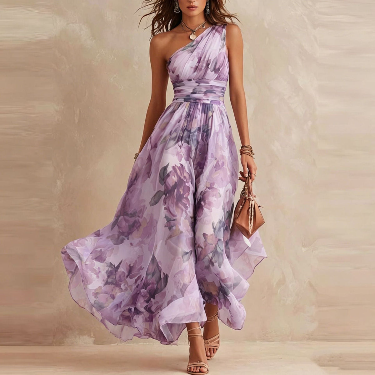 Robe longue femme Aurora de Danoir Paris, monospalle à fleurs, détails de la couture et tissu fluide visible.