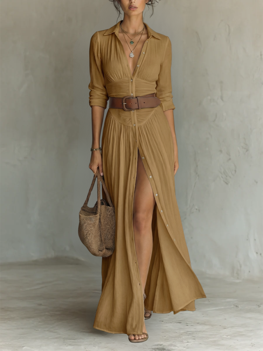 Robe maxi longue Valérie de Danoir Paris avec col à revers et manches longues, tissu fluide et élégant.
