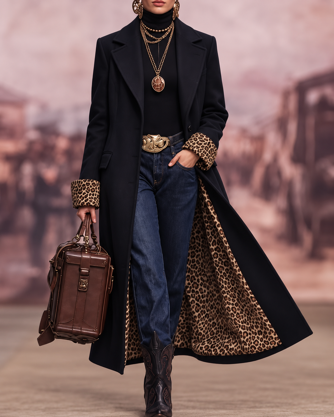 Manteau long élégant sur mesure Danoir Paris, en tissu rose foncé, porté dans une scène urbaine nocturne.