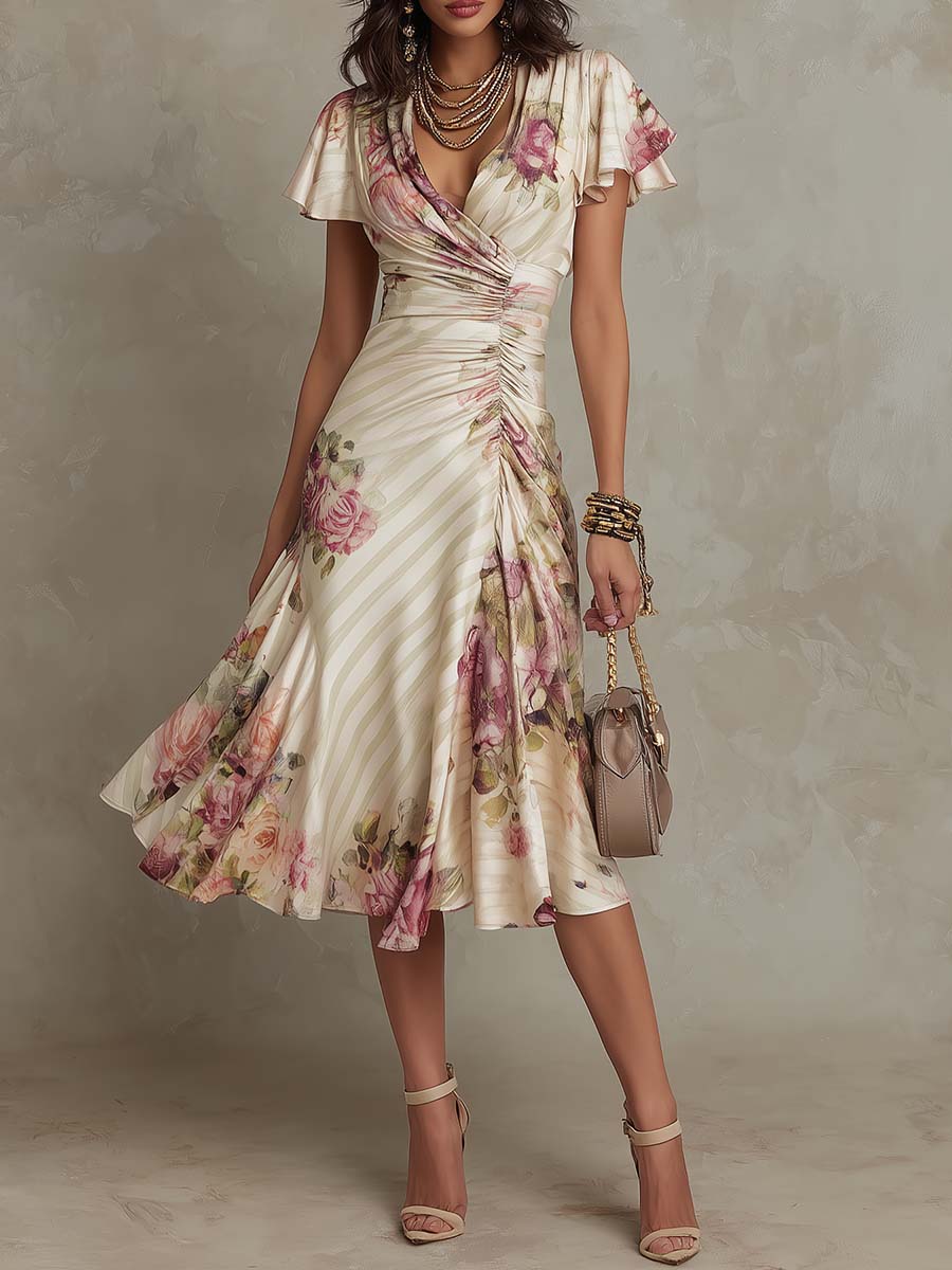 Albas | Robe midi en satin floral rétro élégante
