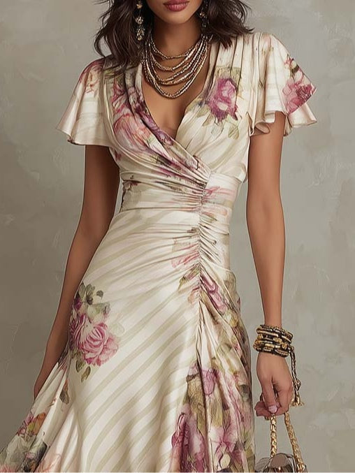 Albas | Robe midi en satin floral rétro élégante