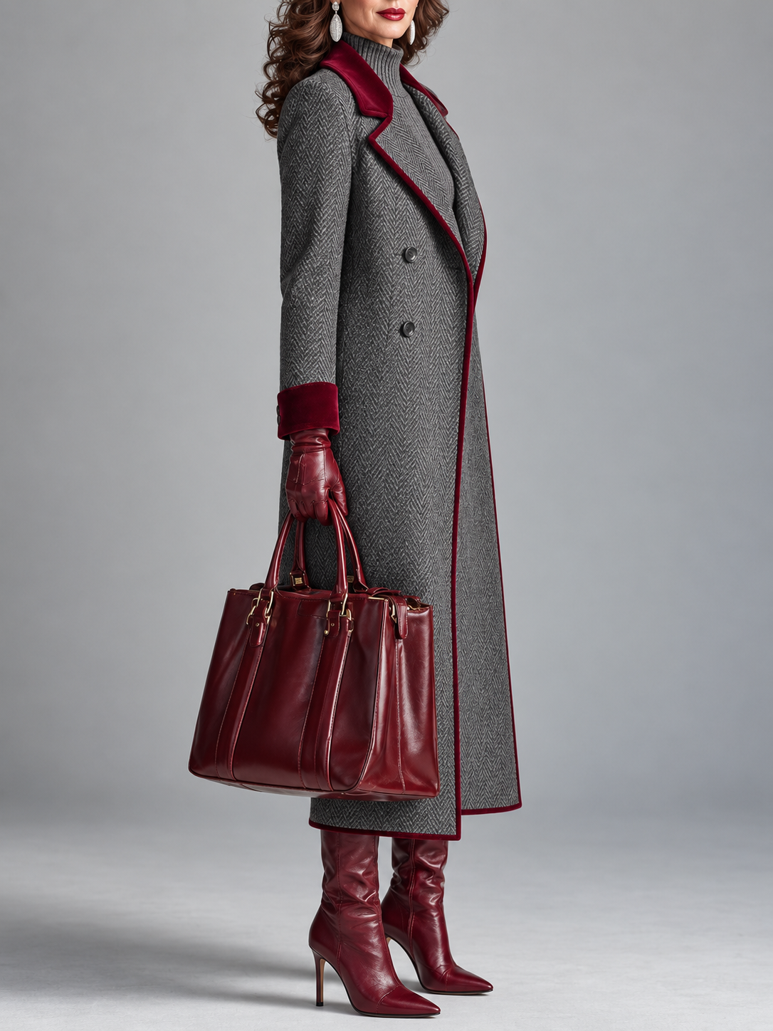 Manteau Long en Laine à Chevrons Élégant avec Finition en Velours