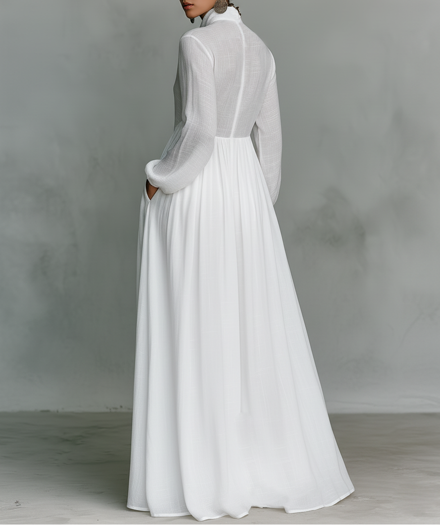 Elisa - Maxi Minimaliste en Coton et Lin avec Patchwork, Col Montant et Manches Longues