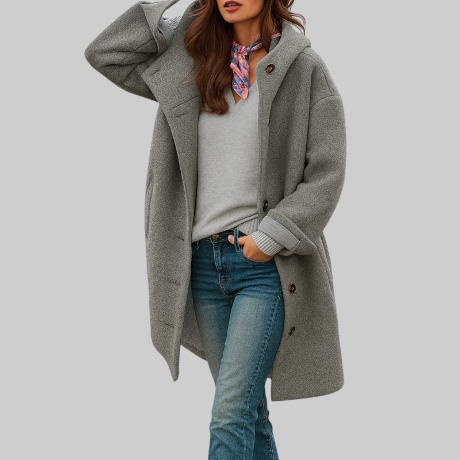 Manteau gris Danoir Paris Freja, longueur moyenne, confort et style pour un look quotidien élégant.