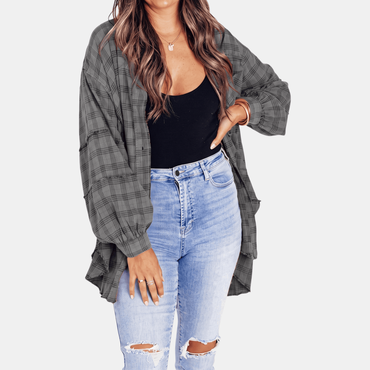 Chemise en flanelle à ourlet brut pour femmes, blouse longue à coupe oversize
