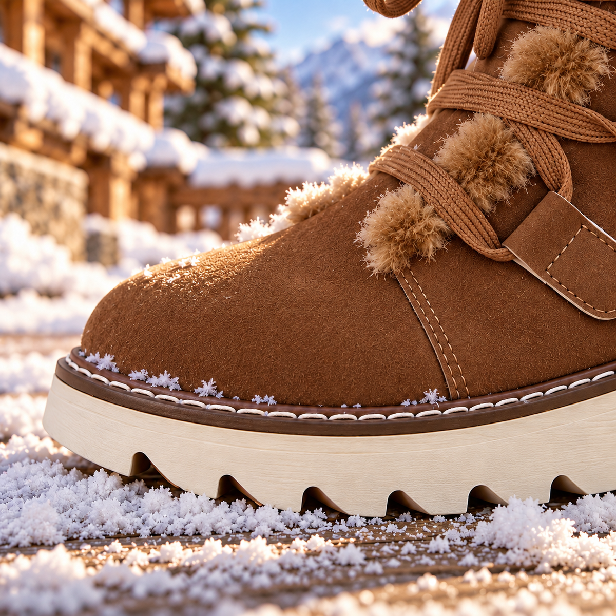 Bottes d'hiver imperméables et antidérapantes Maiken™ de Danoir Paris avec doublure douce, dans un paysage de chalet enneigé.