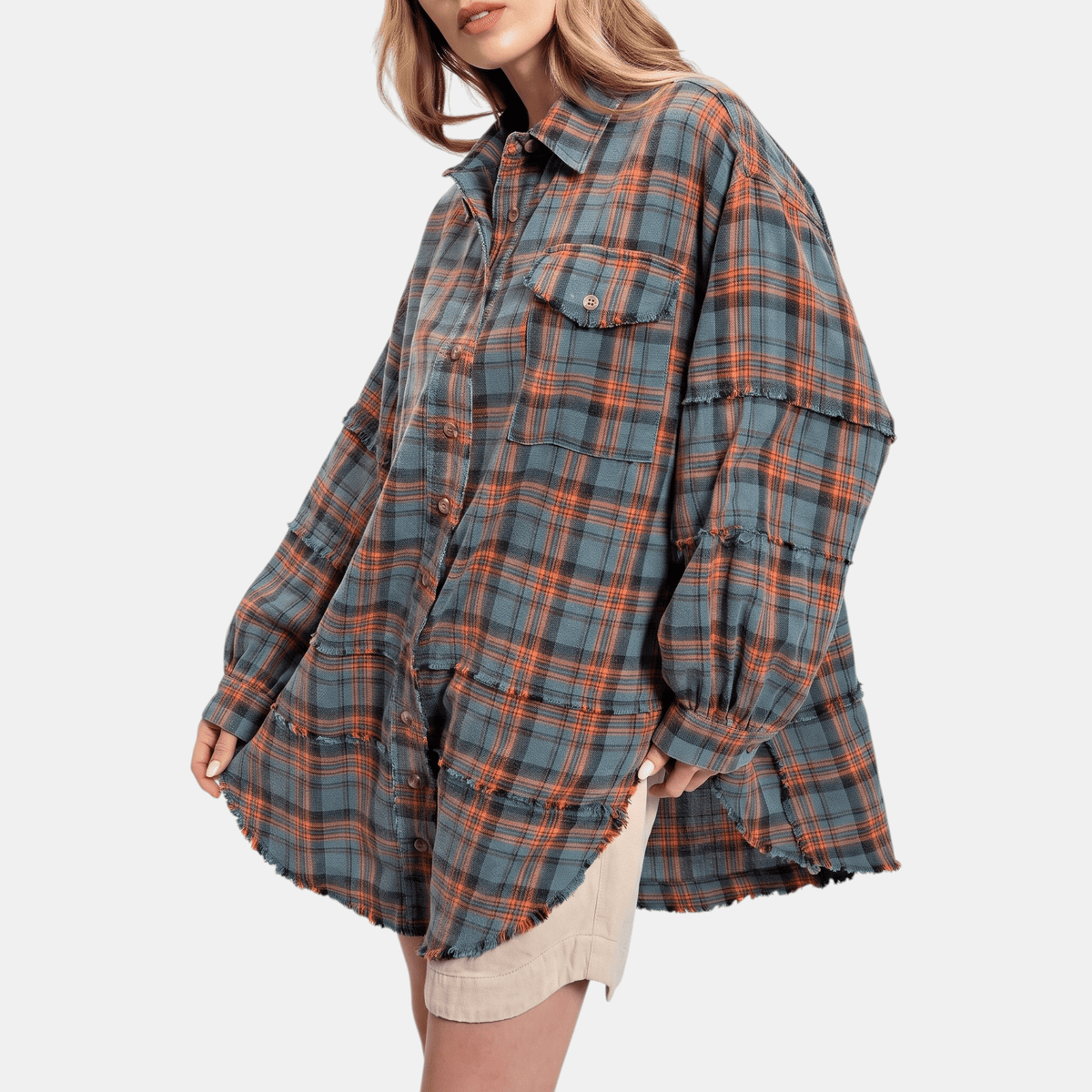 Chemise en flanelle à ourlet brut pour femmes, blouse longue à coupe oversize